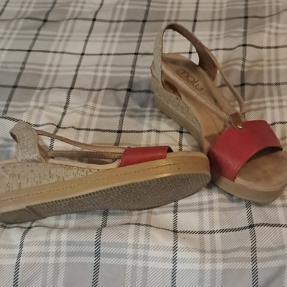 Malu Red Slingback Wedge Sandals with Natural Cork Platform
